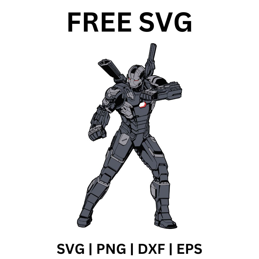 Gunmetal gray armored suit hero with a glowing chest light and a cannon mounted on the shoulder, standing in an action pose, free armored hero SVG cut file preview.