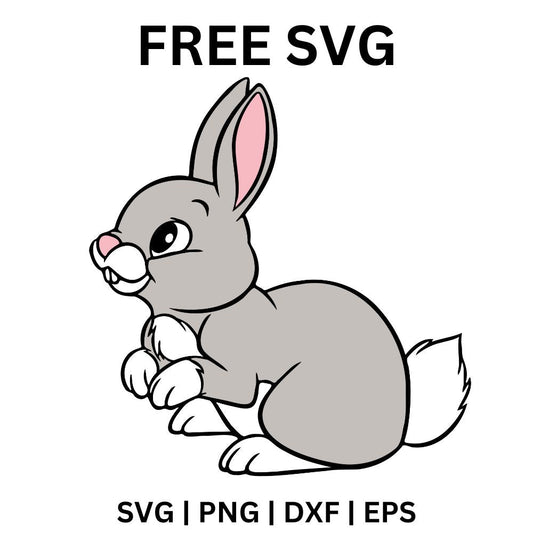 Cute gray baby bunny with tall pink lined ears and a fluffy white tail sitting with a sweet smile, free baby bunny SVG cut file preview.