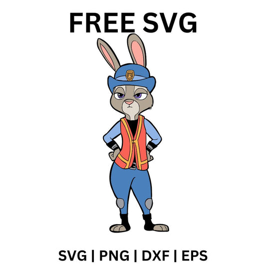 Confident gray cartoon bunny in an orange safety vest, dark shirt and blue pants standing with hands on hips, free cartoon bunny SVG cut file preview.