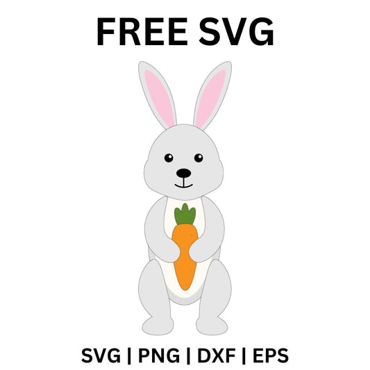 Light gray standing bunny with pink inner ears smiling and hugging an orange carrot, free bunny with carrot SVG cut file preview.