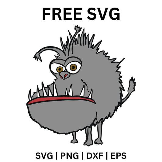 Gray furry cartoon pet monster with antennae eyes and a huge red mouth full of pointy teeth, free furry monster SVG cut file preview.