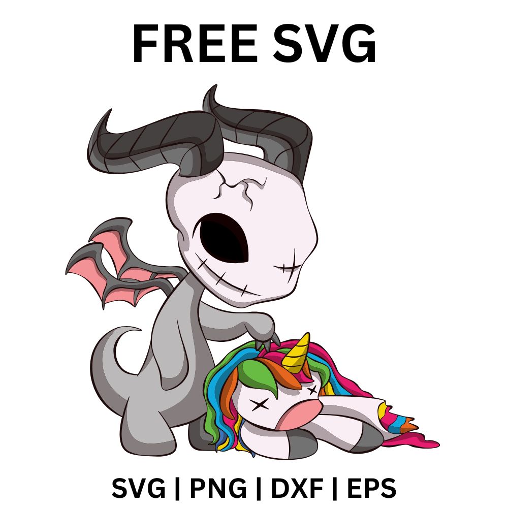 Gray horned creature with bat wings and stitched mouth hugging a small sleepy unicorn with a rainbow mane, free spooky unicorn friends SVG cut file preview.