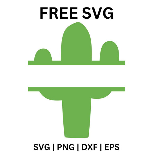 Solid green saguaro cactus with raised arms split by a blank horizontal monogram bar across the middle, free cactus monogram SVG cut file preview.