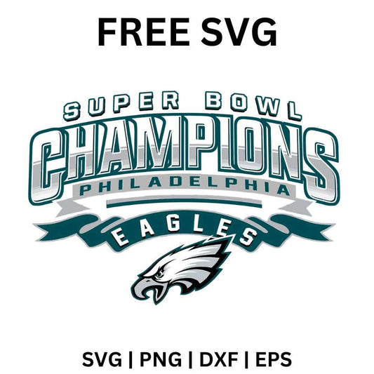 Dark green arched champions lettering with silver outlines above a banner and a green and white eagle head, free football champions eagle SVG cut file preview.