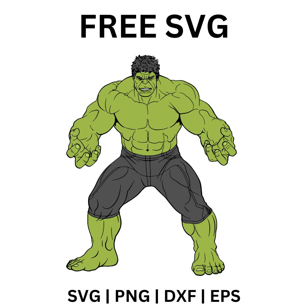 Hulking green giant hero in torn gray shorts standing in a wide power stance with clenched fists, free green giant hero SVG cut file preview.