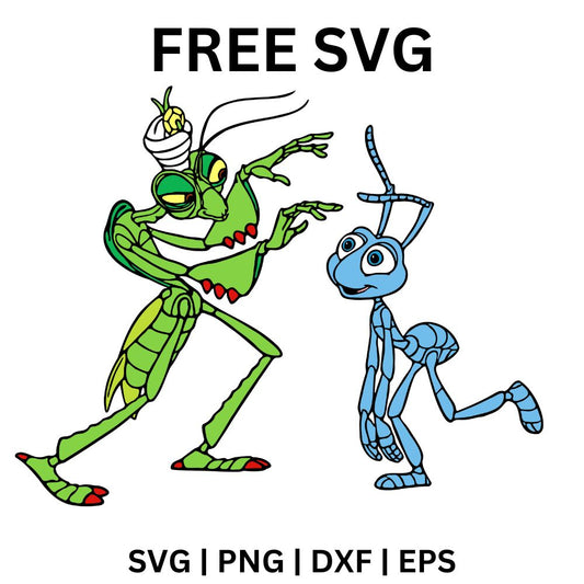 Tall green cartoon grasshopper with a yellow hat walking beside a smiling blue ant, free cartoon bugs SVG cut file preview.