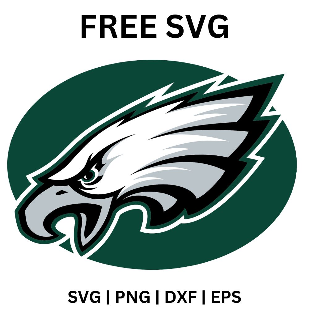 Fierce white and silver eagle head in profile with sharp feathers over a dark green oval, free eagle head SVG cut file preview.