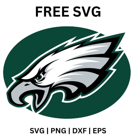Fierce white and silver eagle head in profile with sharp feathers over a dark green oval, free eagle head SVG cut file preview.