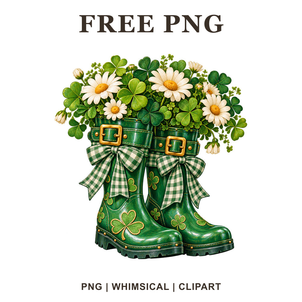 Green rain boots with gold buckles and gingham bows filled with clovers and white daisies, free St Patrick's Day boots PNG