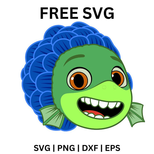Smiling green cartoon sea monster head with big brown eyes, side fins and curly blue fin hair, free sea monster SVG cut file preview.