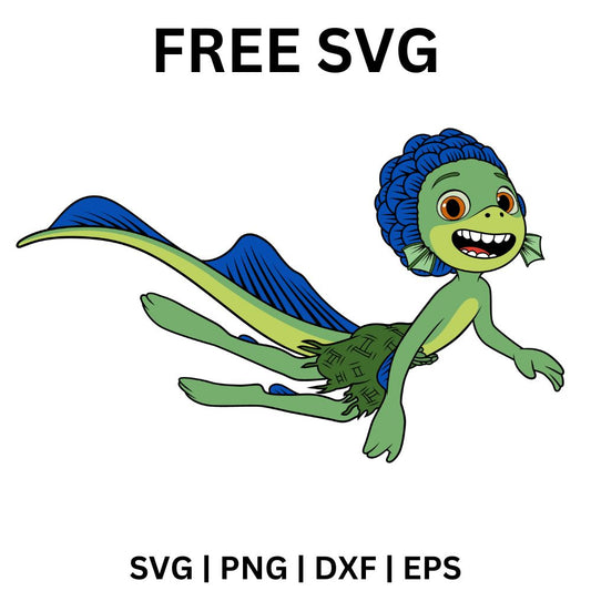Happy green cartoon sea monster with curly blue fin hair swimming forward with arms stretched out and a long finned tail, free sea monster SVG cut file preview.