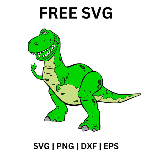 Cartoon green toy tyrannosaurus dinosaur with a big toothy grin, tiny arms and a yellow belly, free green dino toy SVG cut file preview.