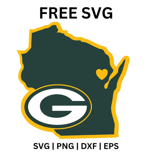 Dark green Wisconsin state shape with a gold outline, a small gold heart and a green and gold letter G oval at the bottom, free Wisconsin football SVG cut file preview.