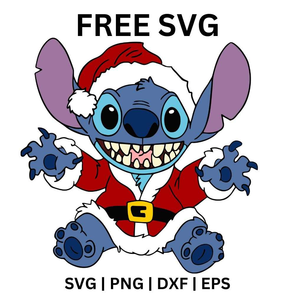 Grinning blue alien creature dressed in a full red Santa suit with white fur trim and a black belt, free Santa suit alien SVG cut file preview.