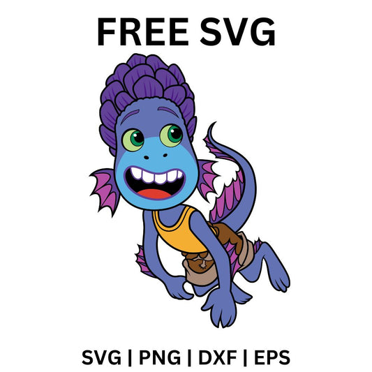 Grinning blue cartoon sea monster with purple fin hair and side fins crouching playfully with its finned tail, free sea monster SVG cut file preview.