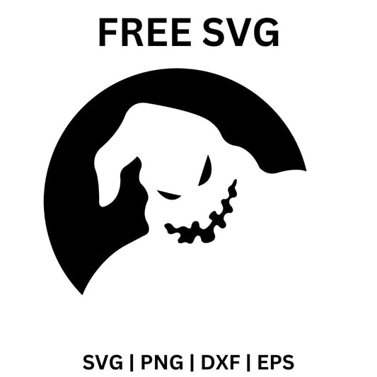 Grinning sack monster face with angry eyes and a stitched jagged smile peeking from a black circle, free Halloween monster face SVG cut file preview.