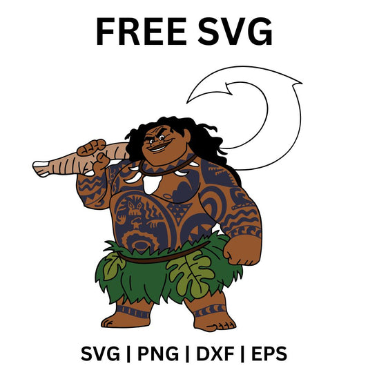 Grinning tattooed island warrior with a green leaf skirt and a fist on his hip resting a giant fish hook on his shoulder, free island warrior SVG cut file preview.
