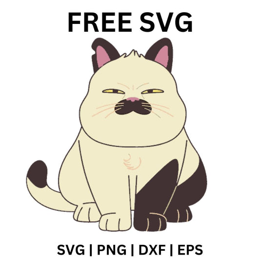 Grumpy chubby cream cartoon cat with dark mustache markings, dark ears and paws sitting with a stern stare, free grumpy cat SVG cut file preview.