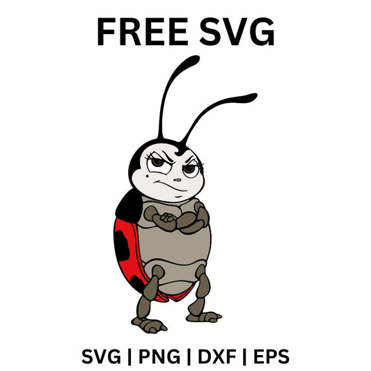 Grumpy cartoon ladybug with a red spotted shell and long antennae standing upright with hands on hips, free cartoon ladybug SVG cut file preview.