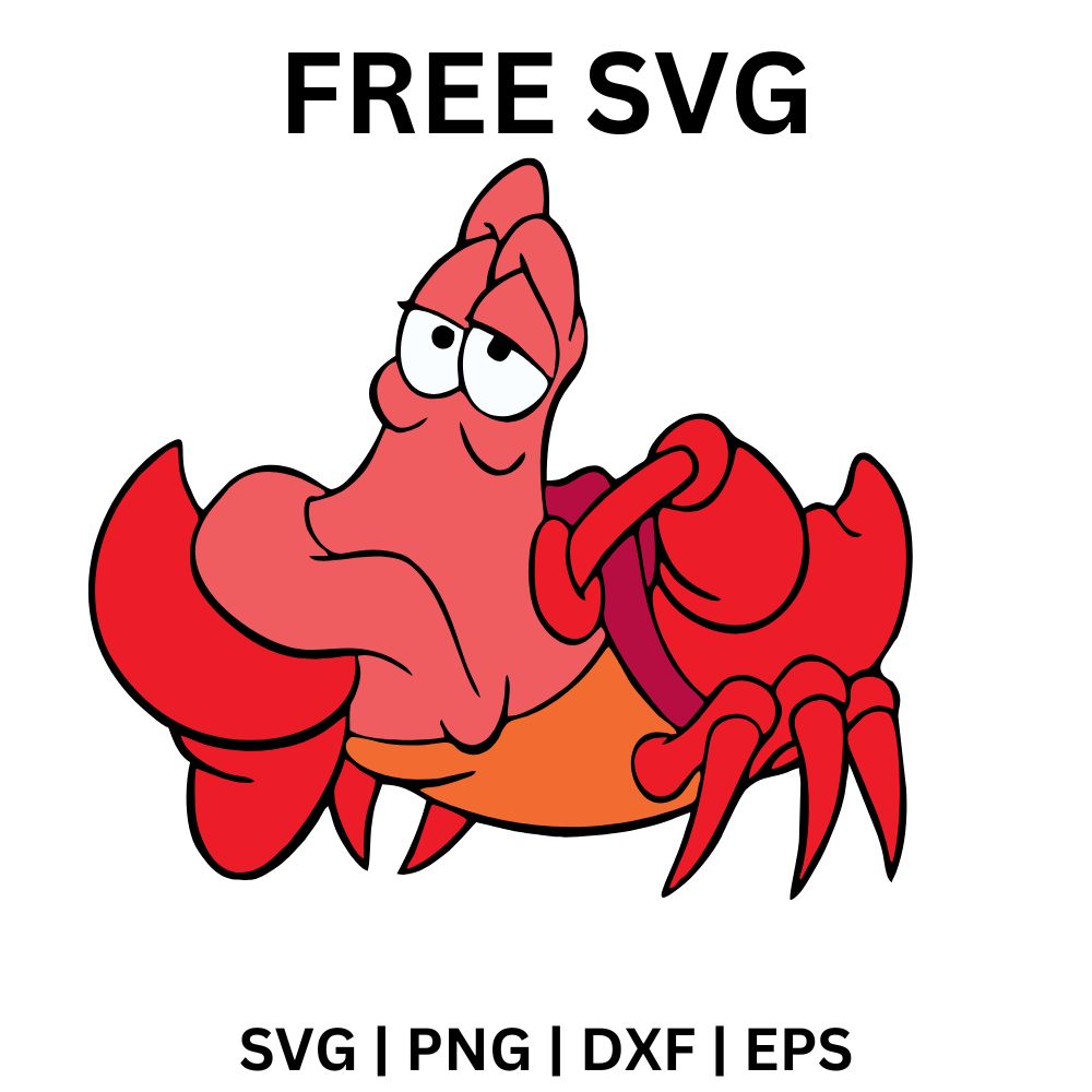 Grumpy red cartoon crab with droopy eyes and big raised claws standing on its little legs, free cartoon crab SVG cut file preview.
