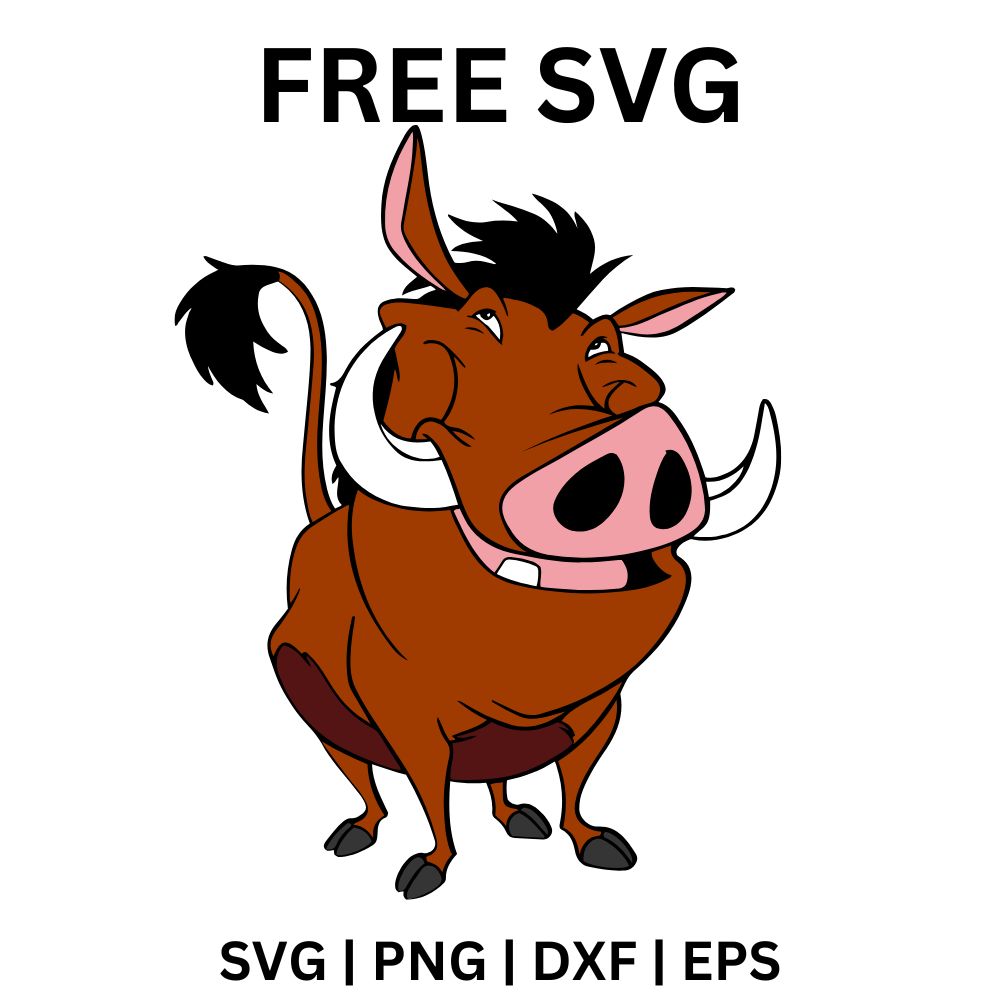 Brown cartoon warthog standing with a big pink snout, curved tusks, a black tuft of hair and a grumpy look, free warthog SVG cut file preview.