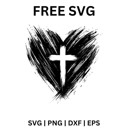 Black distressed brush stroke heart with a white cross cut out of the center, free cross in heart SVG cut file preview.