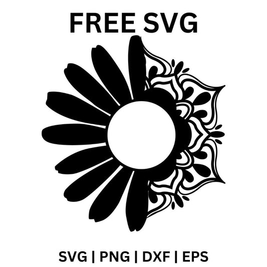 Black flower with sunflower petals on one side and lace mandala petals on the other around a blank center circle, free half sunflower mandala SVG cut file preview.