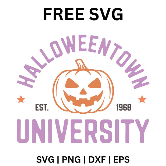 Lavender arched Halloween town lettering above an orange grinning jack o lantern with Est. 1968 and stars, and bold University lettering below, free Halloween university pumpkin SVG cut file preview.
