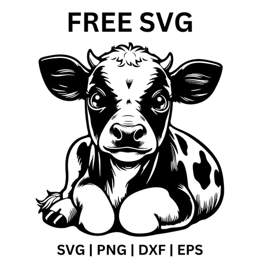 Detailed hand drawn baby calf lying down with spotted coat, fluffy forehead and big gentle eyes, free realistic calf SVG cut file preview.