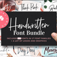 Handwritten font bundle preview with script fonts like Pinot, Think Pink, Ball Pen and Moonstone over photos