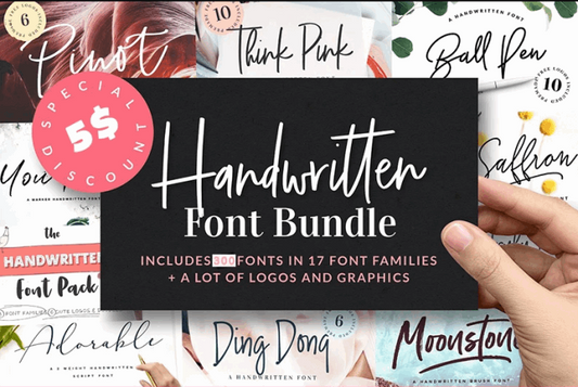 Handwritten font bundle preview with script fonts like Pinot, Think Pink, Ball Pen and Moonstone over photos
