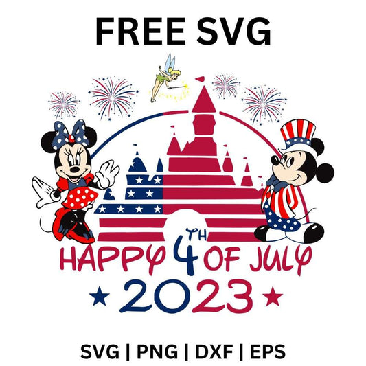 Red and blue fairytale castle with fireworks flanked by two patriotic cartoon mice above happy 4th of July 2023 lettering, free Fourth of July castle SVG cut file preview.