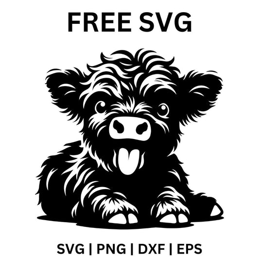 Happy fluffy baby highland calf lying down with its tongue sticking out in black and white line art, free playful baby highland cow SVG cut file preview.