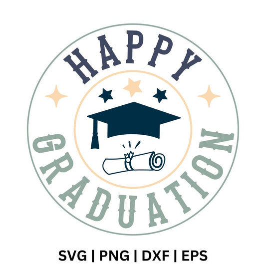 Circular badge with curved navy Happy and sage green Graduation text around a navy graduation cap, a rolled diploma and cream stars, free happy graduation badge SVG cut file preview.
