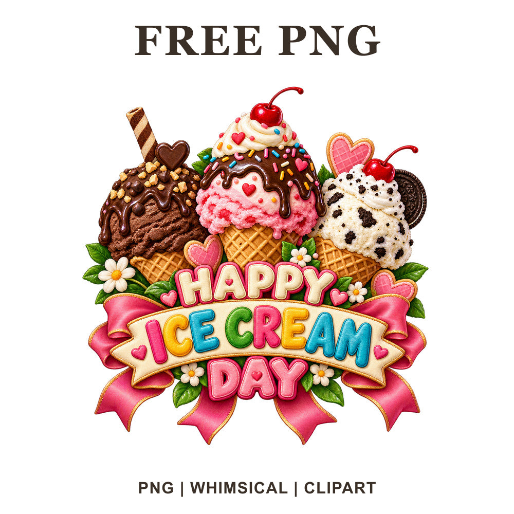 Three ice cream scoops in waffle cones with cherries, sprinkles and flowers over a Happy Ice Cream Day ribbon, free PNG