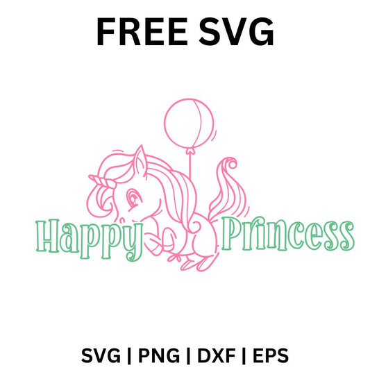 Pink outline of a little unicorn holding a balloon between mint green Happy and Princess lettering, free happy princess unicorn SVG cut file preview.