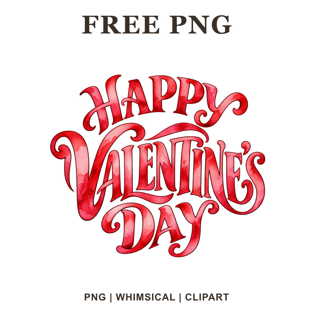 Happy Valentine's Day ornate red and pink watercolor lettering with swirling flourishes, free Valentine PNG clipart preview.