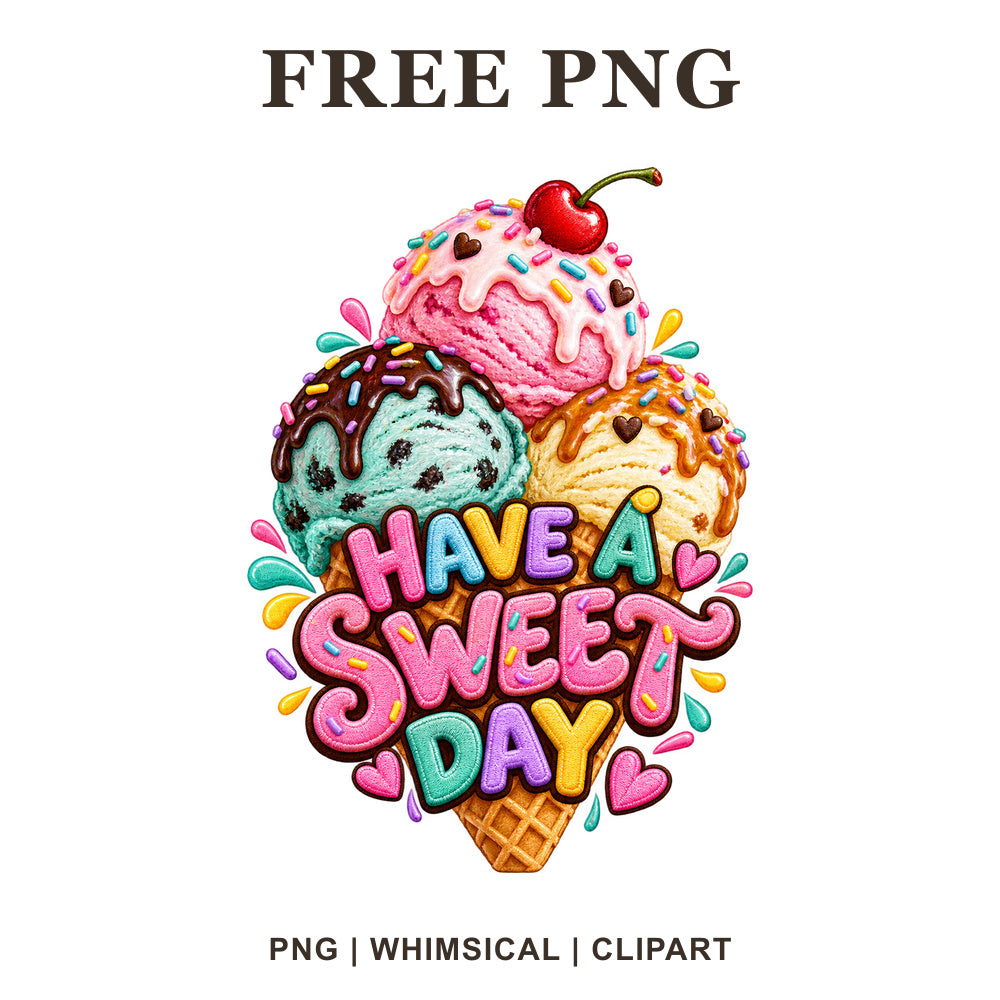 Colorful ice cream cone clipart with three scoops, a cherry and Have a Sweet Day lettering, free PNG