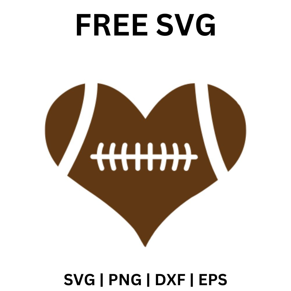 Brown heart shaped football with white laces across the middle and two white stripes near the ends, free football heart SVG cut file preview.