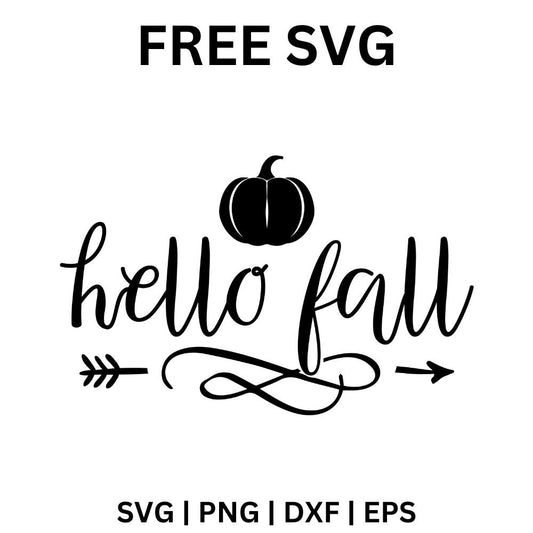 Black hello fall brush script with a solid pumpkin above it and a swirl flourish between two arrows below, free hello fall pumpkin SVG cut file preview.