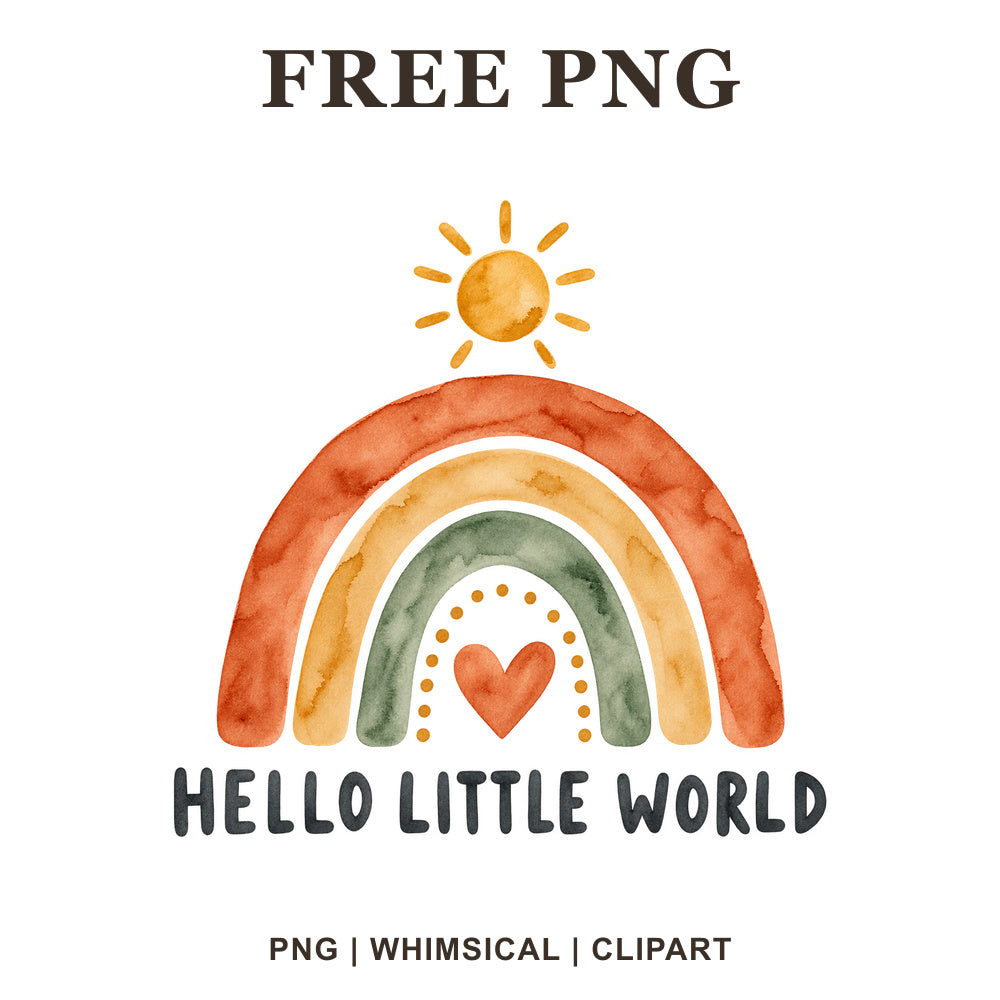 Boho watercolor rainbow in rust, mustard and sage with a heart and smiling sun above Hello Little World lettering, free baby onesie PNG clipart preview.