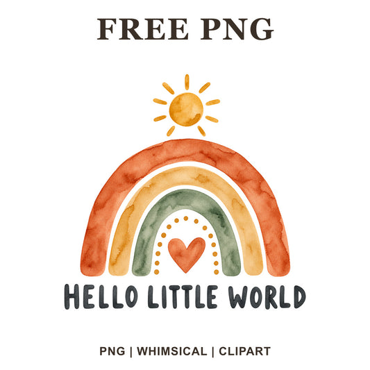 Boho watercolor rainbow in rust, mustard and sage with a heart and smiling sun above Hello Little World lettering, free baby onesie PNG clipart preview.
