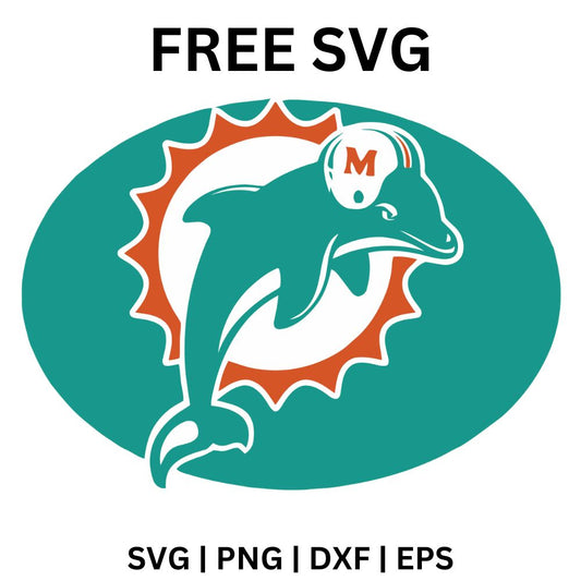 Aqua dolphin in an orange striped football helmet leaping in front of a teal and orange oval, free helmet dolphin emblem SVG cut file preview.