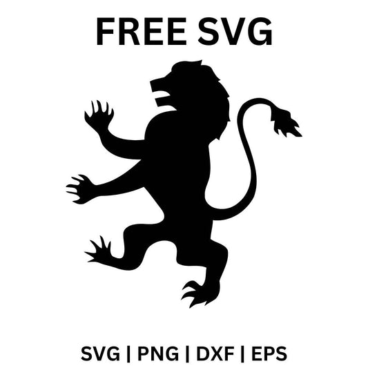 Black heraldic lion rampant silhouette standing on its hind legs with claws raised and a curling tufted tail, free lion emblem SVG cut file preview.