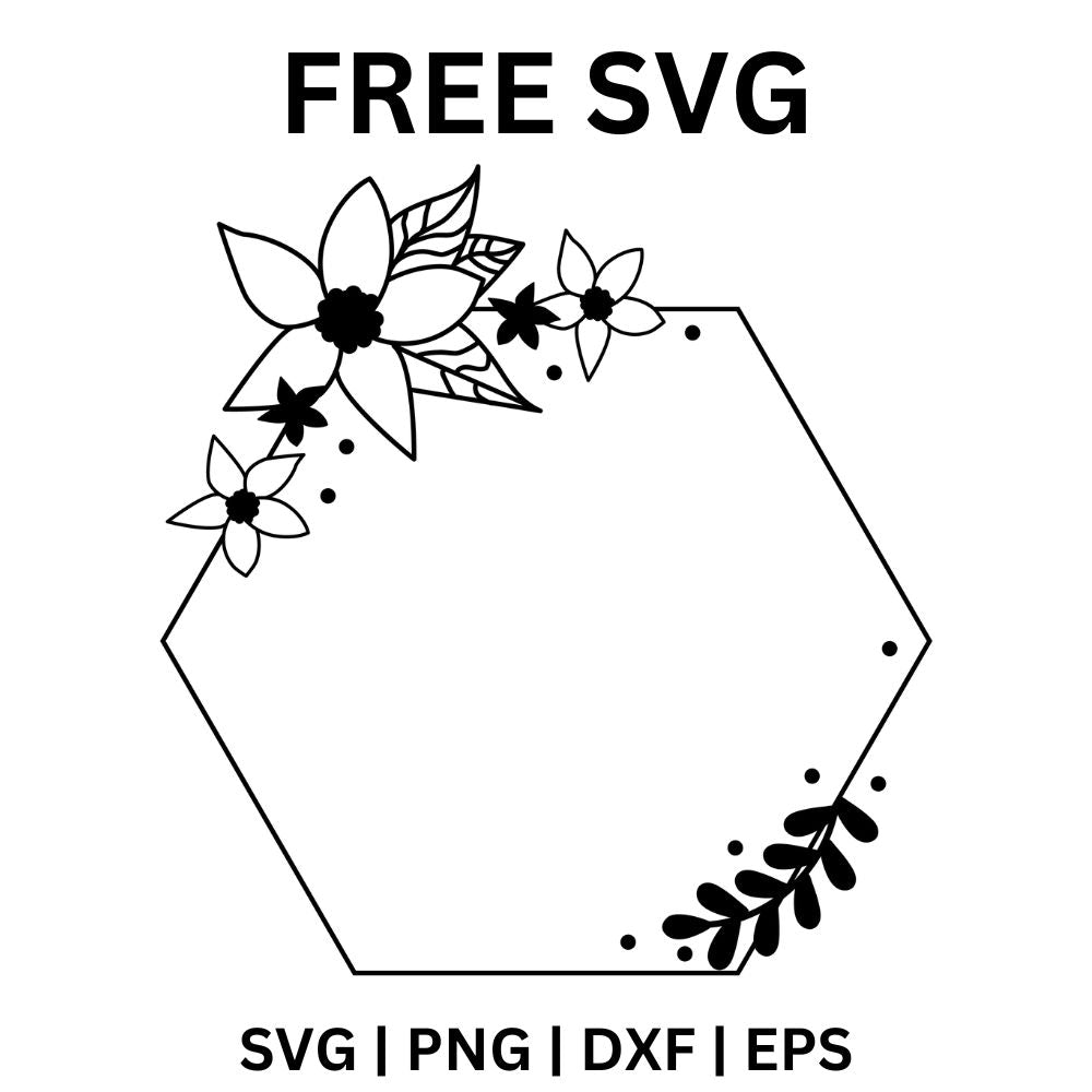 Thin black hexagon frame with a cluster of line art flowers at the top left corner and a leafy sprig at the bottom, free hexagon flower frame SVG cut file preview.