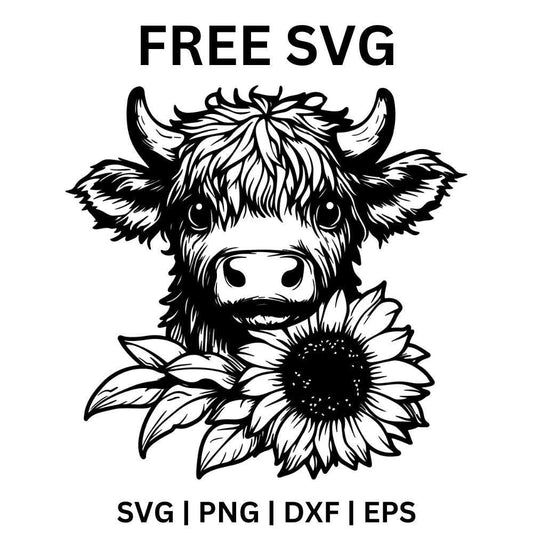 Black and white line art highland calf head with short horns and a big sunflower with leaves under its chin, free sunflower highland cow SVG cut file preview.