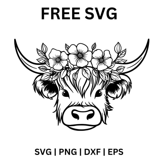 Black line art highland cow head with a crown of flowers and leaves between long curved horns, free highland cow flower crown SVG cut file preview.