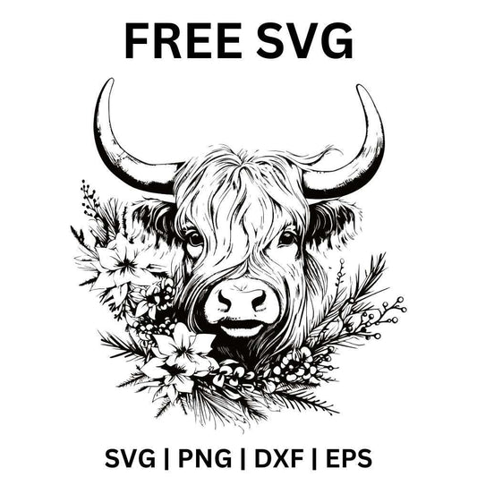 Black and white shaggy highland cow head with long curved horns above a bunch of wildflowers and leaves, free floral highland cow head SVG cut file preview.