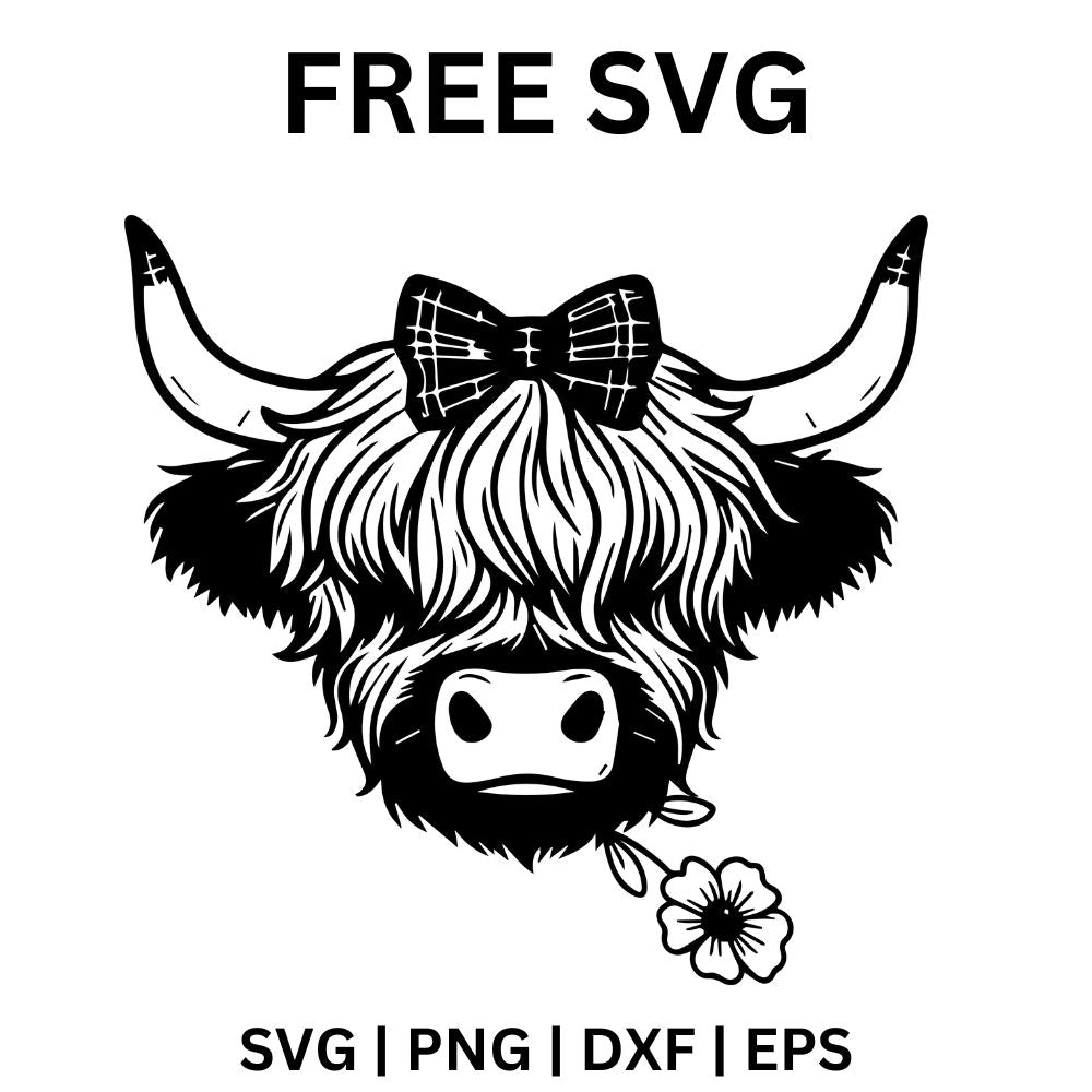 Black and white highland cow head with a polka dot bow on top and a small flower held in its mouth, free bow highland cow SVG cut file preview.
