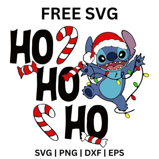 Black ho ho ho lettering with candy cane accents beside a blue alien creature in a Santa hat tangled in string lights, free ho ho ho Christmas alien SVG cut file preview.